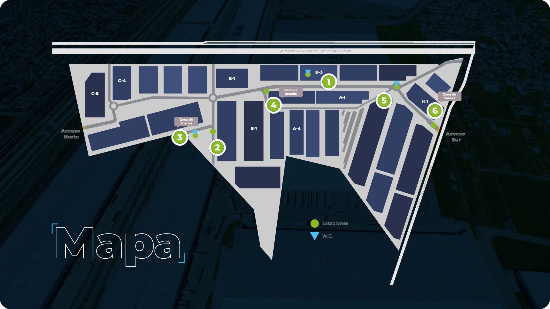 Mapa del rally en T-MEXPARK con las 6 estaciones, zonas de snacks y accesos norte y sur